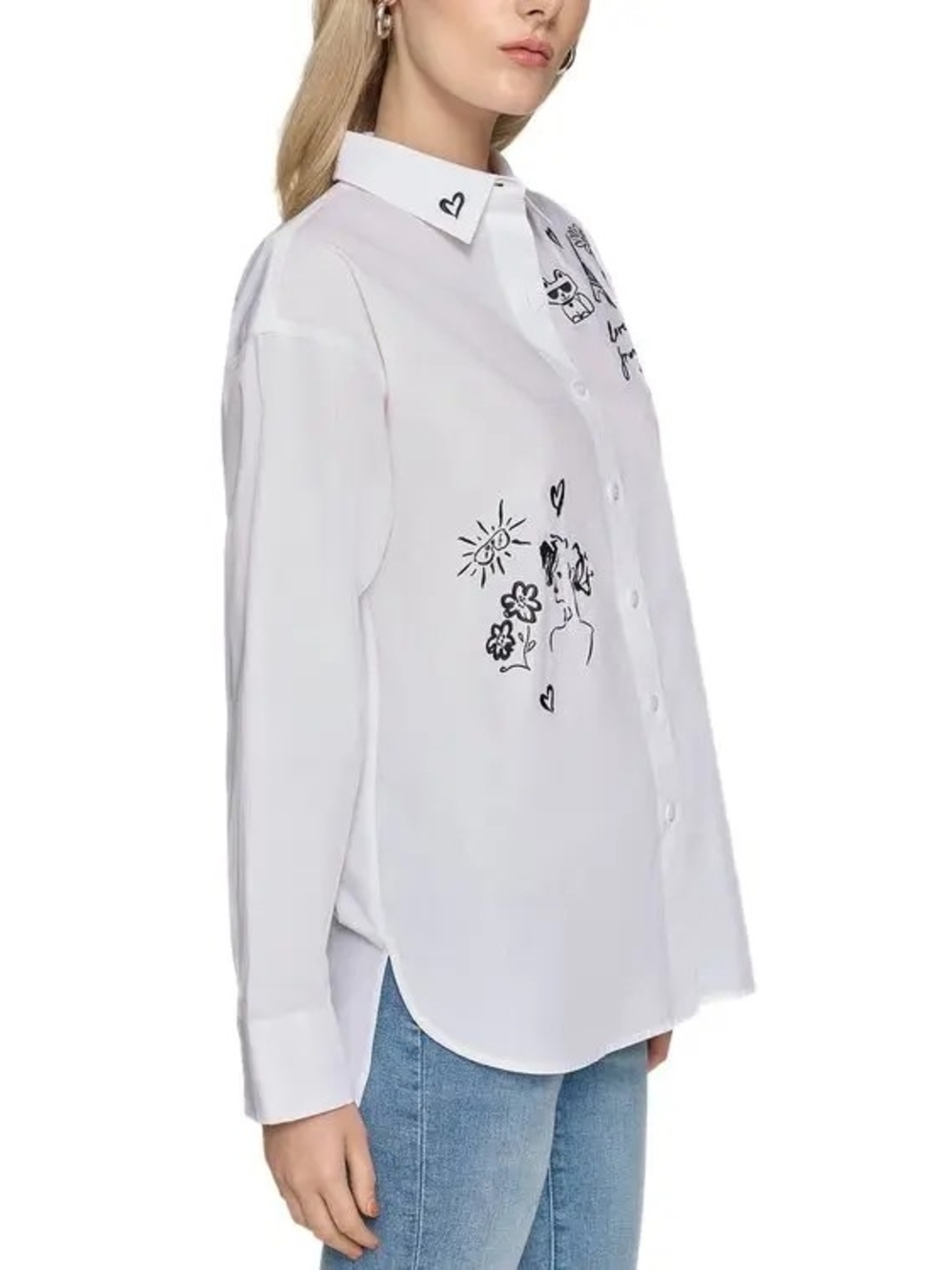 Karl Lagerfeld Oversized Whimsey  Graphic Button Down Shirt White